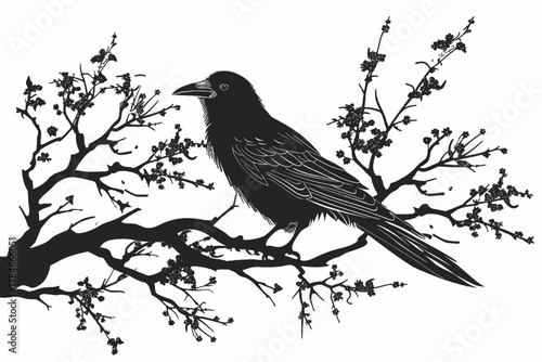 AI Image A monochrome illustration showcasing a raven perched elegantly on a branch of a