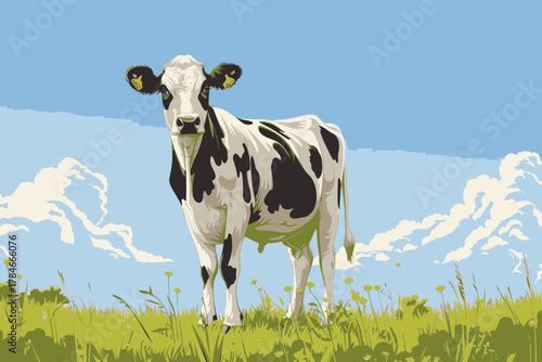 AI Image A serene countryside scene showcases a black and white cow grazing peacefully in a lush