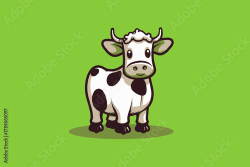 AI Image A cartoon illustration of a whimsical dairy cow standing serenely on a pastel green