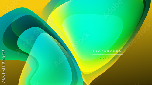 Abstract fluid shapes, vibrant gradients. Yellow, green hues blend against dark background. Modern design element, smooth transitions visible.