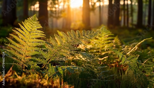Dew Covered Fern Leaves Basking In Golden Sunlight In A Serene Forest Setting During Early Morning Hours