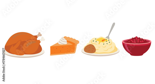 Traditional Thanksgiving Dinner Feast with Turkey Pie and Cranberry Sauce, Generative AI.