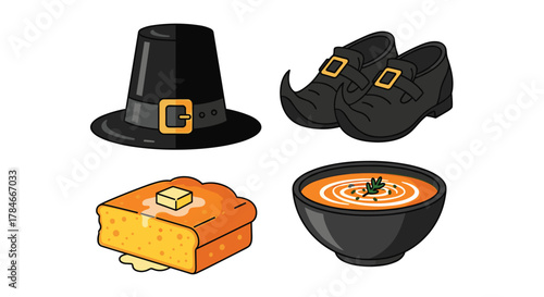 Pilgrim Hat Shoes and Thanksgiving Food Icons, Generative AI.