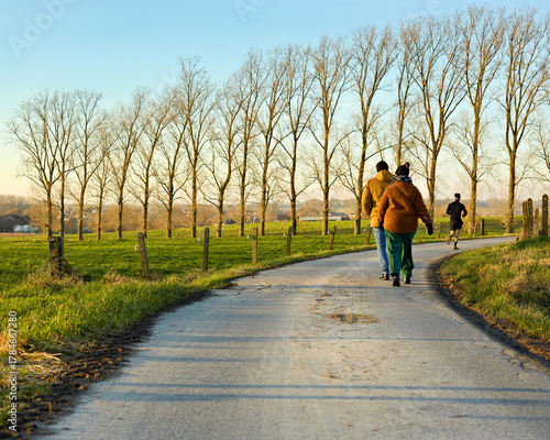 People stroll and jog along a winding rural road lined with tall, bare trees under a clear sky. A peaceful scene of outdoor activity and nature in the late afternoon.