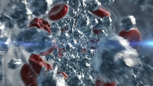 The bloodstream saturated with sodium ions, the camera gliding past shimmering crystalline particles swirling among red blood cells