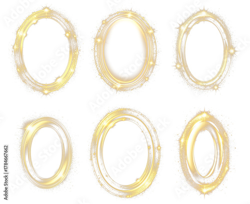 Set of oval frames with glowing golden border on transparent background