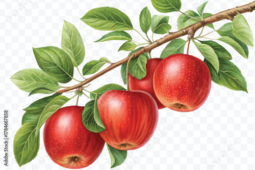 realistic fresh apples hanging from a branch with green leaves in a natural setting isolated on transparent background