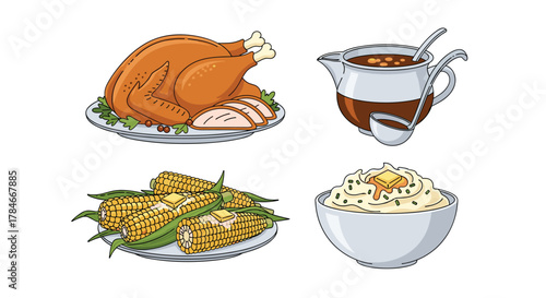 Delicious Thanksgiving Dinner Spread with Roasted Turkey Mashed Potatoes Corn and Gravy, Generative AI.
