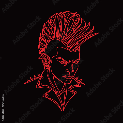 Vibrant Red Outline Drawing of a Punk Rocker with Mohawk Haircut and Studded Leather Jacket, Minimalist Continuous Line Art on Black Background.