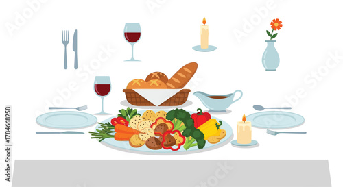 A beautifully set table with a delicious meal and wine, Generative AI.