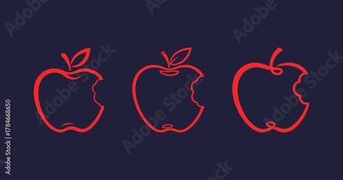 Set of Three Minimalist Red Outline Illustrations of a Bitten Apple, Conceptual Vector Graphics Representing Forbidden Fruit or Technology, on Dark Background.