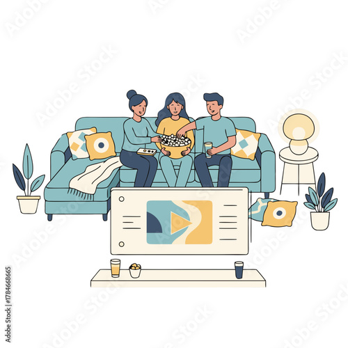 Three Friends Enjoying Movie Night Together On A Cozy Sofa Sharing Popcorn And Drinks With A Large Television Displaying Entertainment Content In A Warmly Lit Living Room