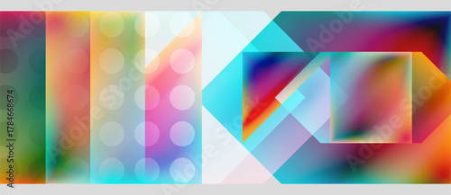 Abstract colorful composition. Geometric shapes overlap, creating vibrant visual effect. Gradient hues blend seamlessly. Modern design.