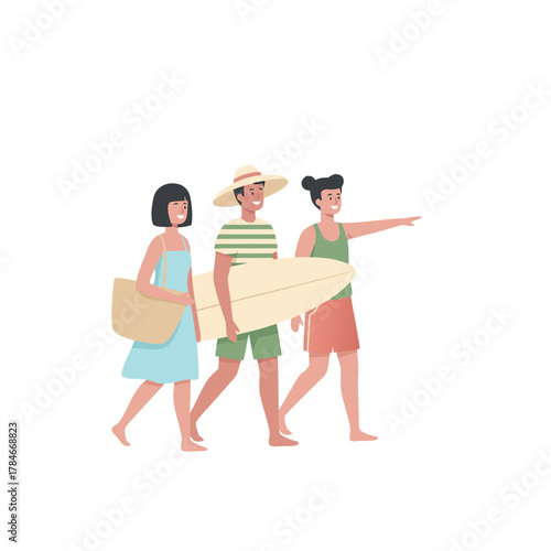 Three Friends Walking With A Surfboard On A Tropical Beach During Daytime With Bright Sunlight And Clear Blue Sky