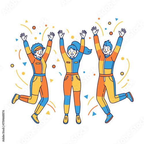 Three Diverse People Celebrating Victory Together in Colorful Jumpsuits with Confetti Falling Around Them