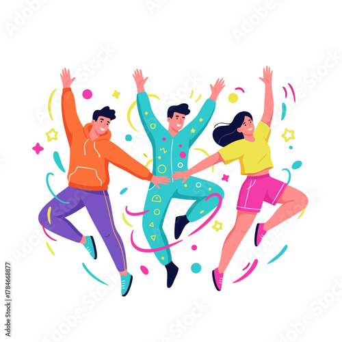 Three Diverse People Dancing Together Joyfully Surrounded by Colorful Confetti and Stars on a Dark Background Celebrating Together in Unison