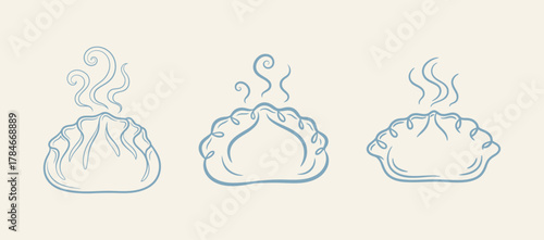 Set of Minimalist Line Art Illustrations of Steaming Chinese Dumplings or Baozi, Hand-Drawn Outline Sketch Representing Asian Cuisine on a Light Background.