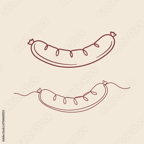 Minimalist Continuous Line Art Drawing of a Sausage or Hot Dog on a Light Background, Outline Sketch Representing Meat, Grill, and Simple Food Illustration.