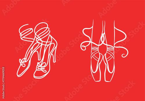 Set of Two Continuous Line Art Drawings: Ballet Pointe Shoes and High Heels, Minimalist White Outline Illustrations on a Vibrant Red Background, Dance and Fashion.