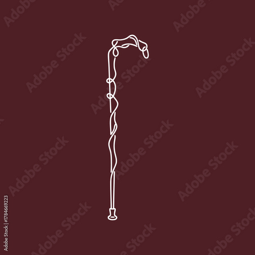Simple Continuous Line Drawing of an Old-Fashioned Walking Cane or Stick, Minimalist Outline Art Representing Mobility, Age, and Vintage Style on a Dark Background.
