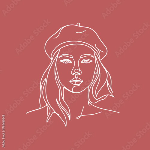 Minimalist Continuous Line Art Portrait of a Woman Wearing a Beret Hat, White Outline Drawing Representing Parisian Chic and Feminine Style on a Red Background.