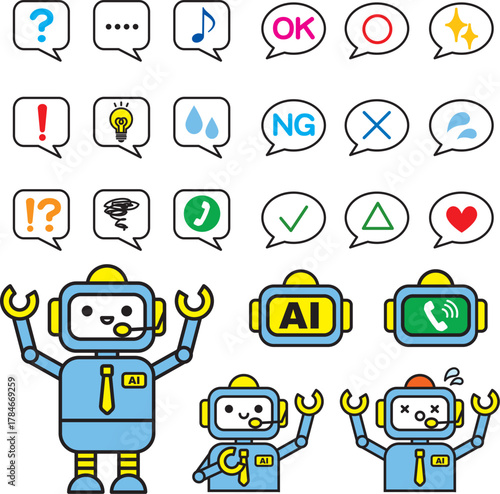 Simple line drawing AI robot and various emotion speech bubble icons (color)
