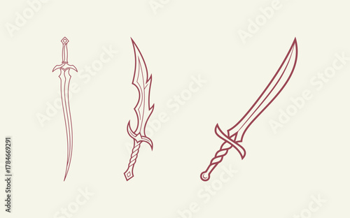 Set of Three Minimalist Line Art Illustrations of Fantasy Swords or Daggers, Outline Sketches Representing Weapons, Medieval Combat, and Gaming on a Light Background.