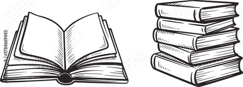 Open book and stacked books sketch black