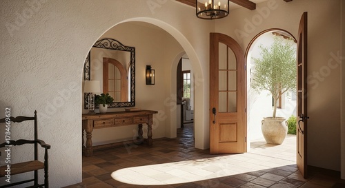 Mediterranean style home entryway with terracotta floor tiles an arched door and rustic furniture