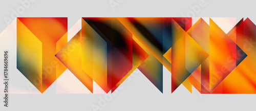 Abstract geometric composition. Warm colors dominate, creating dynamic visual flow. Shapes interlock, suggesting movement, depth.