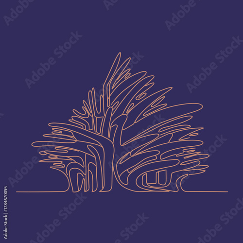 Continuous Line Art Drawing of an Abstract Stylized Tree or Bush, Minimalist Orange Outline Illustration Representing Nature and Environment on a Dark Blue Background.