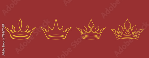 Set of four different golden continuous line art crown icons or symbols on a vibrant deep red background, representing monarchy and royalty.