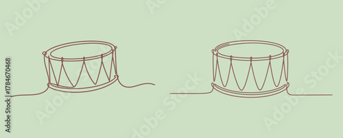 Two minimal continuous line illustrations of traditional snare drums with rope tension on a pastel sage green background, representing music.