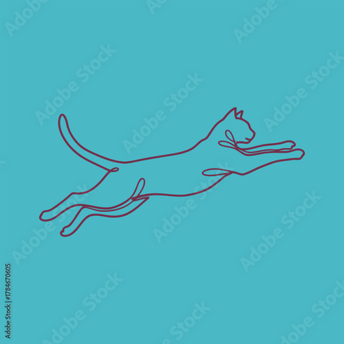 Minimalist continuous line drawing of a cat leaping or running in dynamic motion on a vibrant turquoise background, capturing movement.