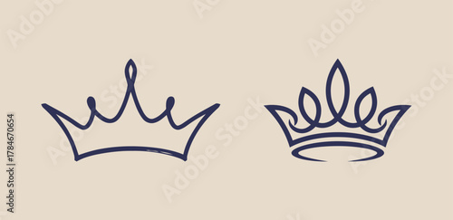 Two minimal continuous line stroke crowns in navy blue on a light beige background, symbolizing royalty, power, and luxury branding.