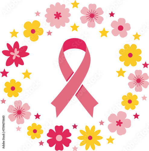 Pink ribbon symbol for breast cancer awareness month set in a beautiful floral wreath with stars. Vector illustration for hope and support