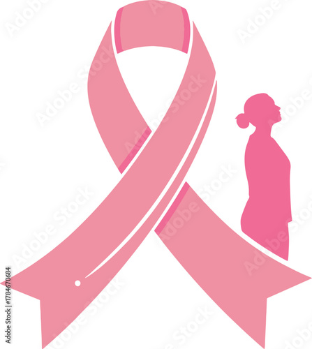 Pink ribbon symbol of breast cancer awareness with silhouette of a woman, symbolizing support and hope for women's health and early detection