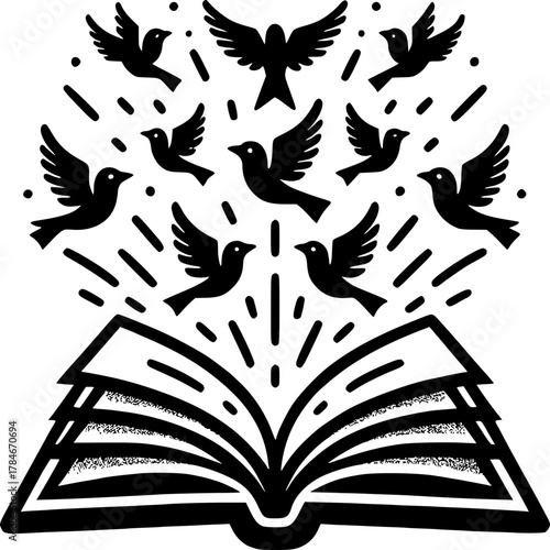 Birds of Knowledge: An open book releases a flock of birds, symbolizing the freedom of knowledge, enlightenment, and the boundless potential of learning.