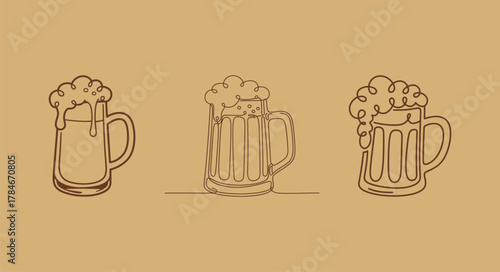 Set of three continuous line drawing icons of foamy beer mugs or tankards on a warm brown background, representing beverages and celebration.