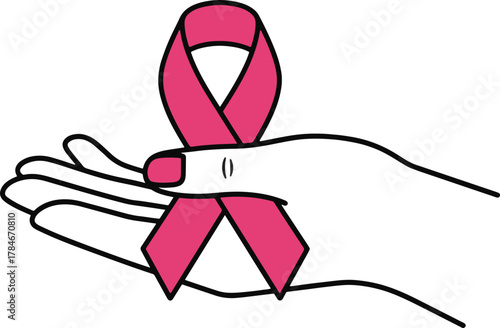 Pink ribbon held in open hand symbolizing breast cancer awareness and support