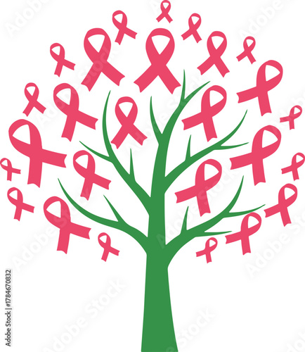 A symbolic green tree with branches adorned by numerous vibrant pink ribbons, representing hope, unity, and unwavering support for breast cancer awareness and the ongoing fight for a cure
