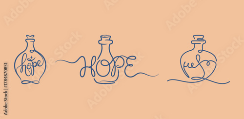 Set of three continuous line illustrations of bottles with the word "HOPE" integrated into the design, symbolizing optimism and possibility.