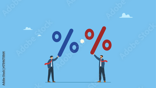 Businessmen hold percentage sign metaphor of tariff tax. Tariff or import tax trade war, conflict between US and China causing economic recession, customs, regulation, import and export tax.