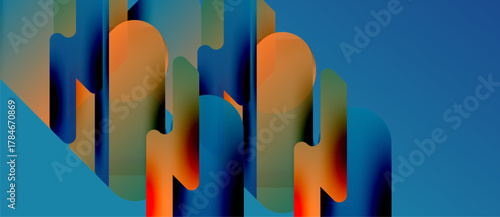 Abstract geometric shapes overlap, creating vibrant color blends. Blue, orange, red hues dominate composition. Modern digital art.