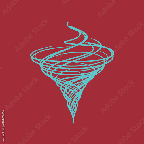 Abstract scribbled continuous line drawing depicting a swirling tornado or vortex in vibrant blue on a striking deep red background.