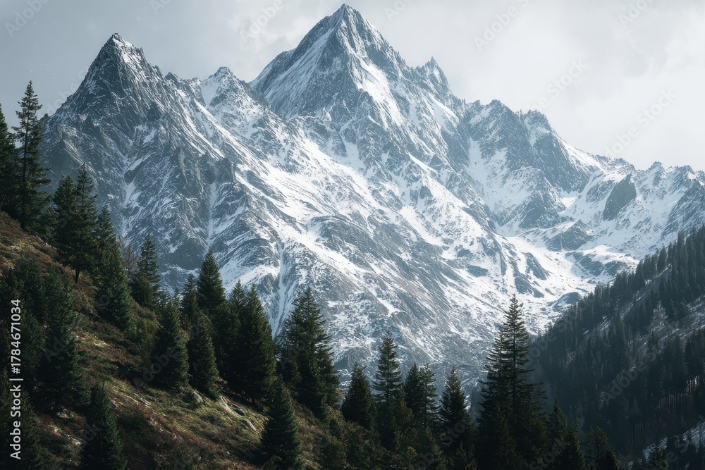 Obraz premium Majestic snow-capped mountains rise above a lush evergreen forest in a serene natural landscape during cloudy weather