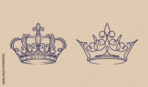Pair of ornate continuous line art royal crowns in navy blue on a warm beige background, representing monarchy and luxury design.