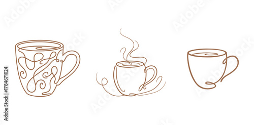 Set of three continuous line drawings of different hot coffee or tea cups with steam, symbolizing morning, break, and hot beverages.
