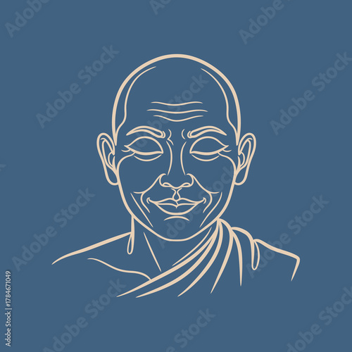 Minimalist continuous line portrait of a smiling elderly Buddhist monk or wise guru in meditation on a dark blue background.