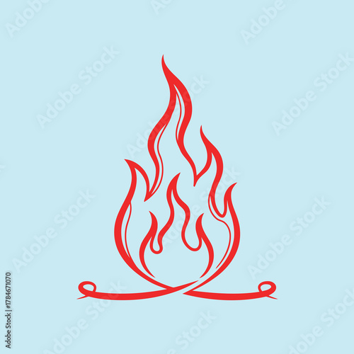 Stylized red continuous line drawing of a vibrant campfire or bonfire flame on a light blue background, symbolizing warmth and energy.
